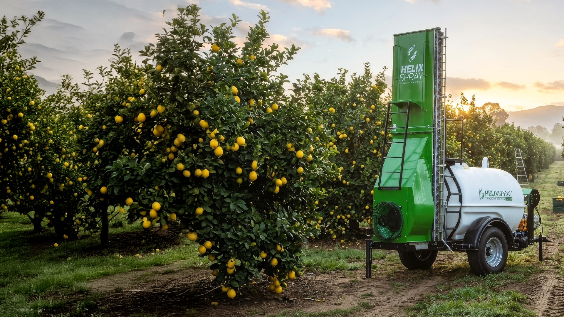 Tractor with Turn-Rite air-blast sprayer in a citrus orchard at golden hour